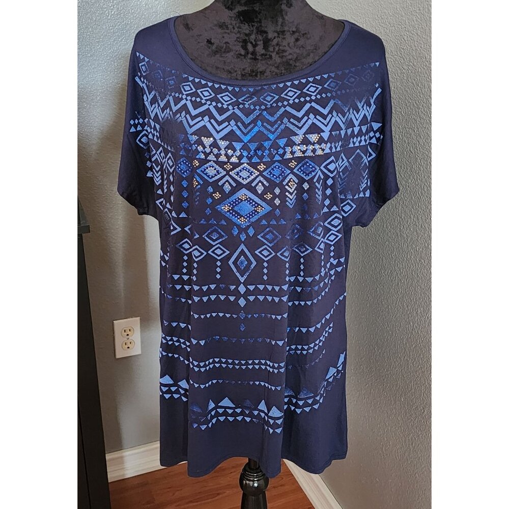 B.L.E.U. Blouse Womens XL Navy Blue Geometric Rhinestones Aztec Shiny Tunic Top